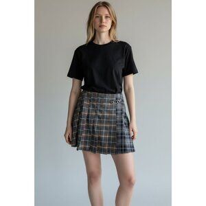 Avec Les Filles Plaid Pleated Mini Skirt With Side Buckle Accent Size L